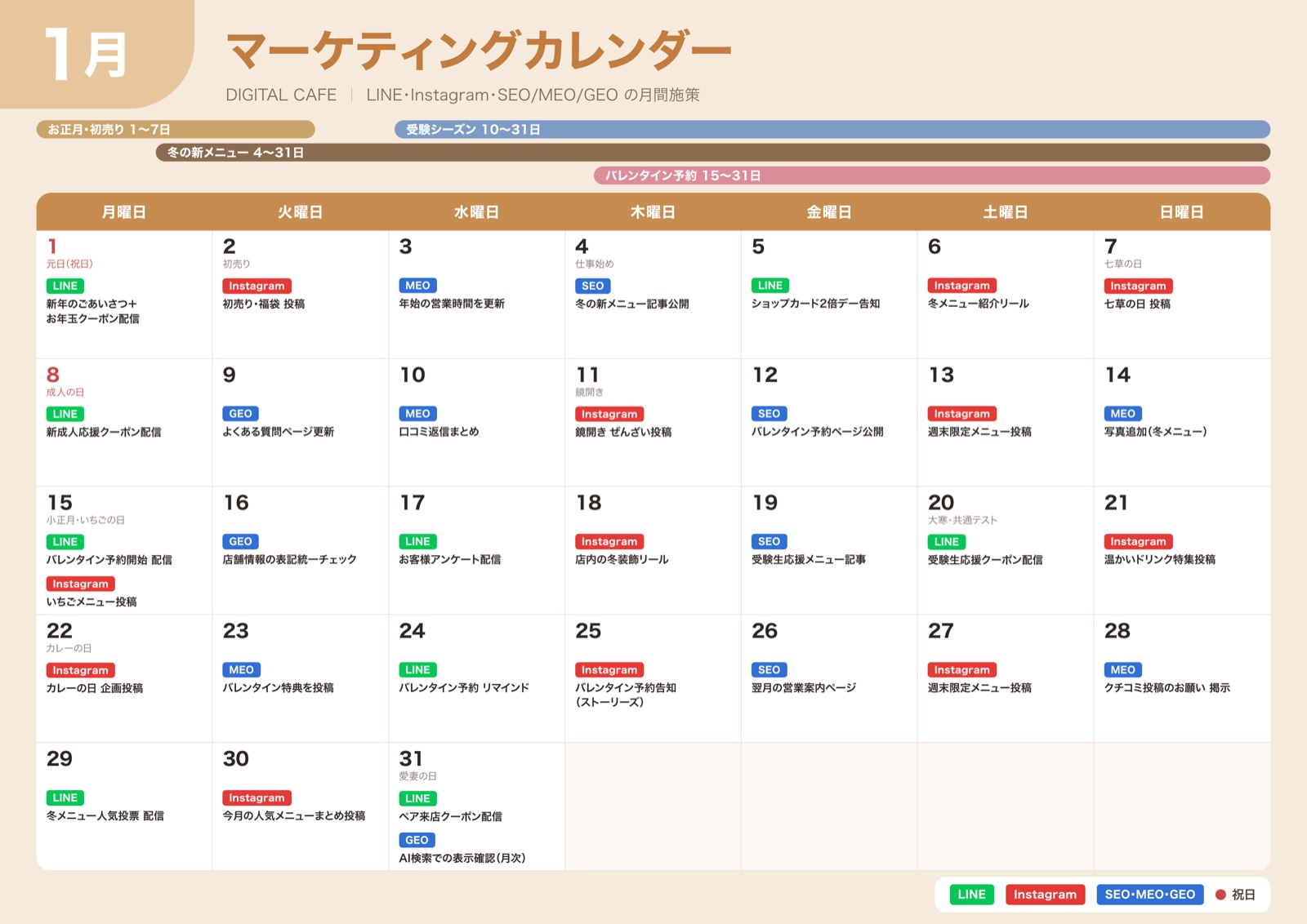DIGITAL CAFEの1月のマーケティングカレンダー（導入イメージ）。毎日の施策がLINE・Instagram・SEO/MEO/GEOで色分けされている